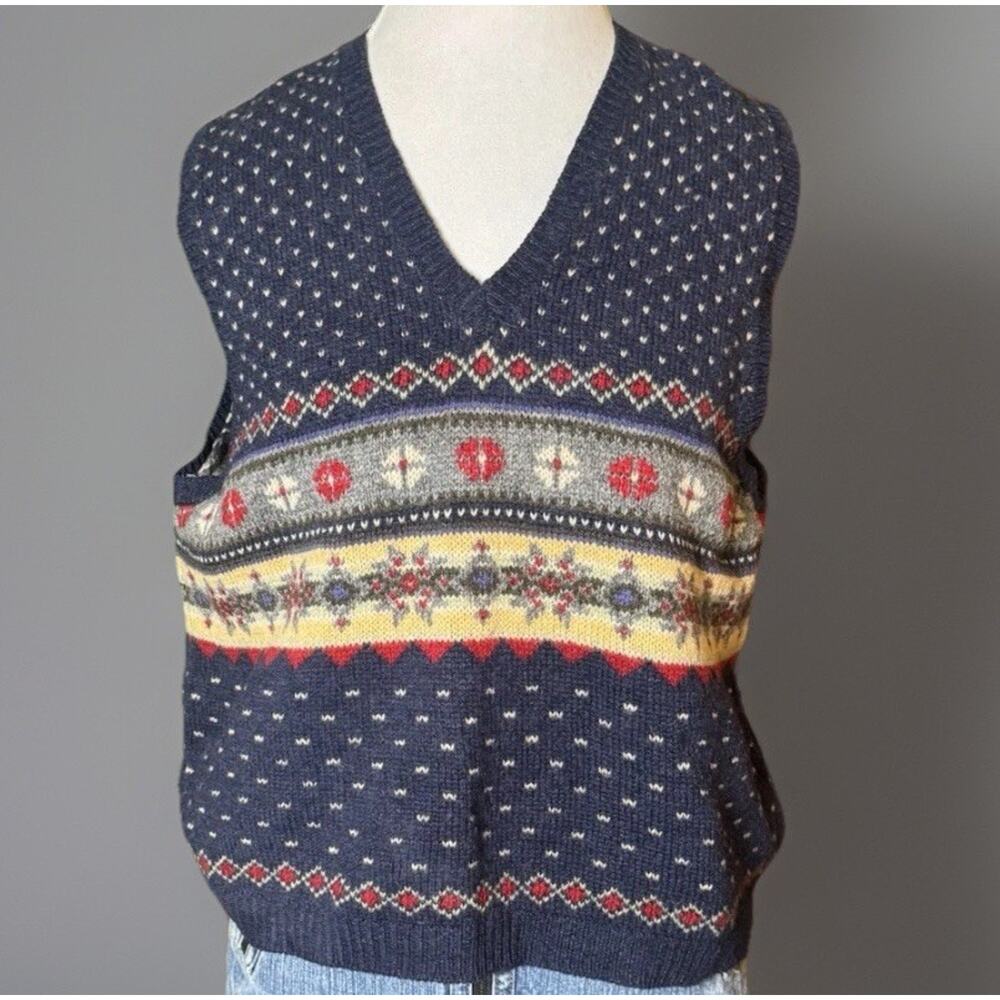 Vintage Grandpa Core Wool Sweater Vest Fair Isle Oversized | Eddie Bauer | 90s